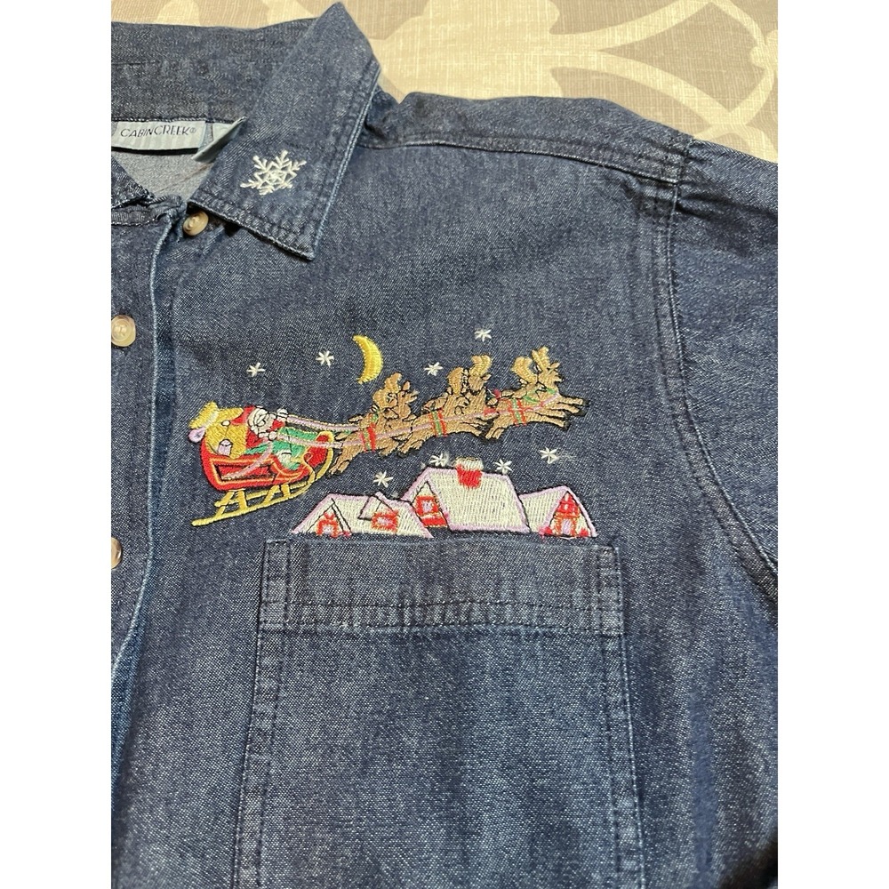 New Cabin Creek MEDIUM Christmas Holiday Cotton Denim Button Up Shirt Vintage - Picture 2 of 8